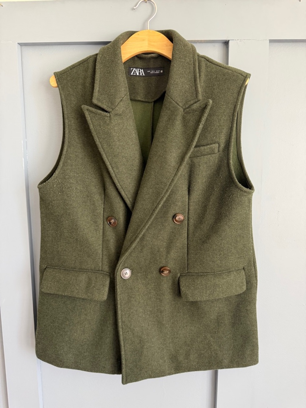Zara Olive Double-Breasted Wool-Blend Vest Women’s